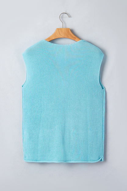 Mist Blue Solid Color Knit V Neck Button Front Sweater Vest