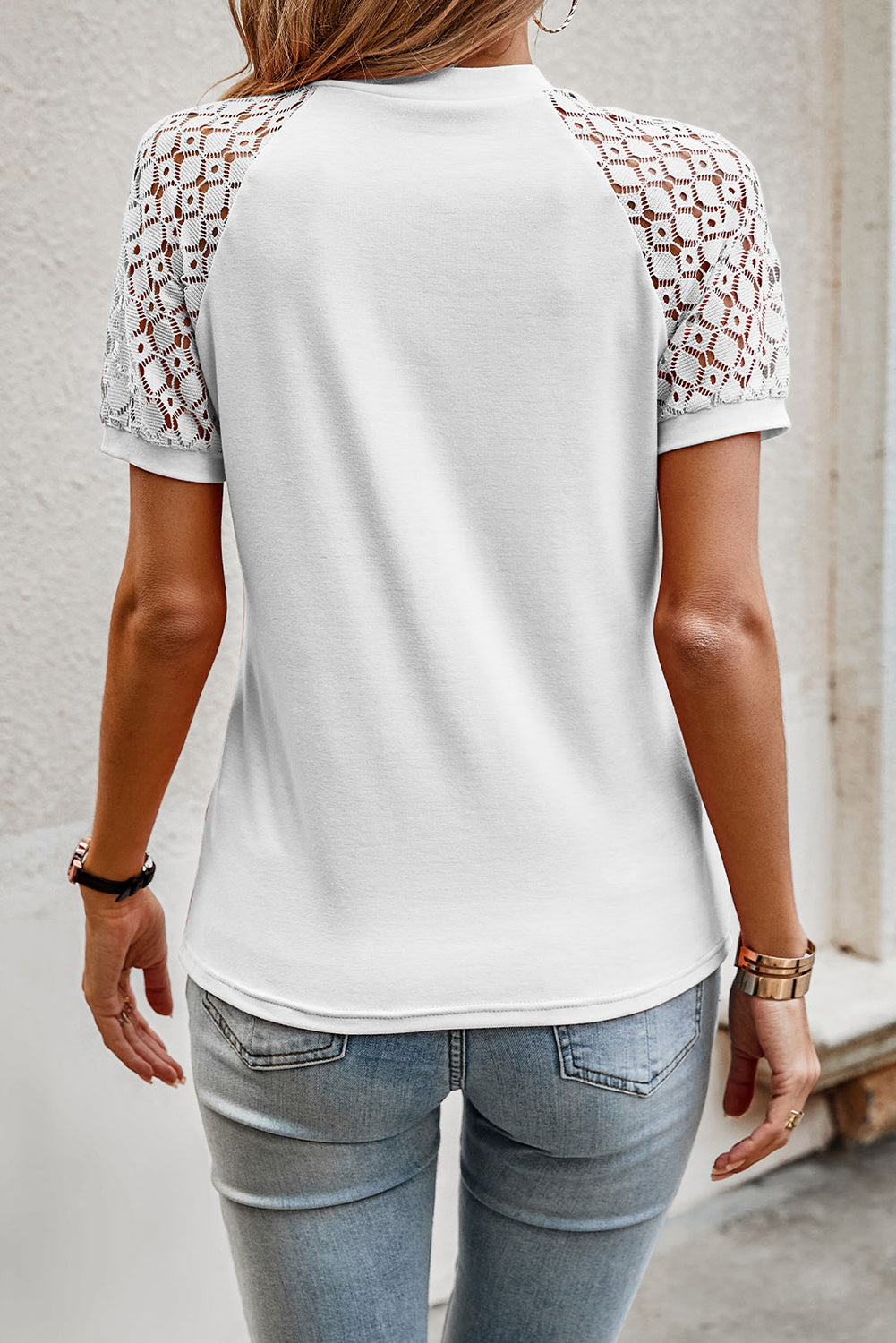 White Seamed Detail Contrast Lace Raglan Sleeve Tee - Snoopy's Closet