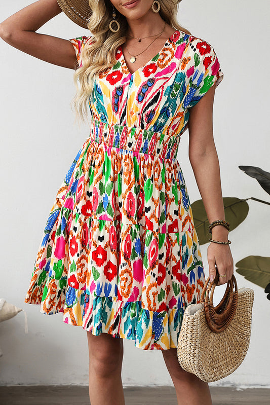 Minivestido escalonado con volantes, escote en V y manga dolman con estampado abstracto en azul cielo