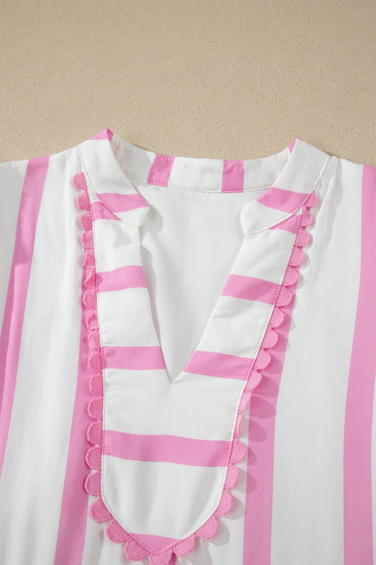 Pink Stripe Ricrac Trim Notched Neck Half Sleeve Vacation Dress - Snoopy's Closet
