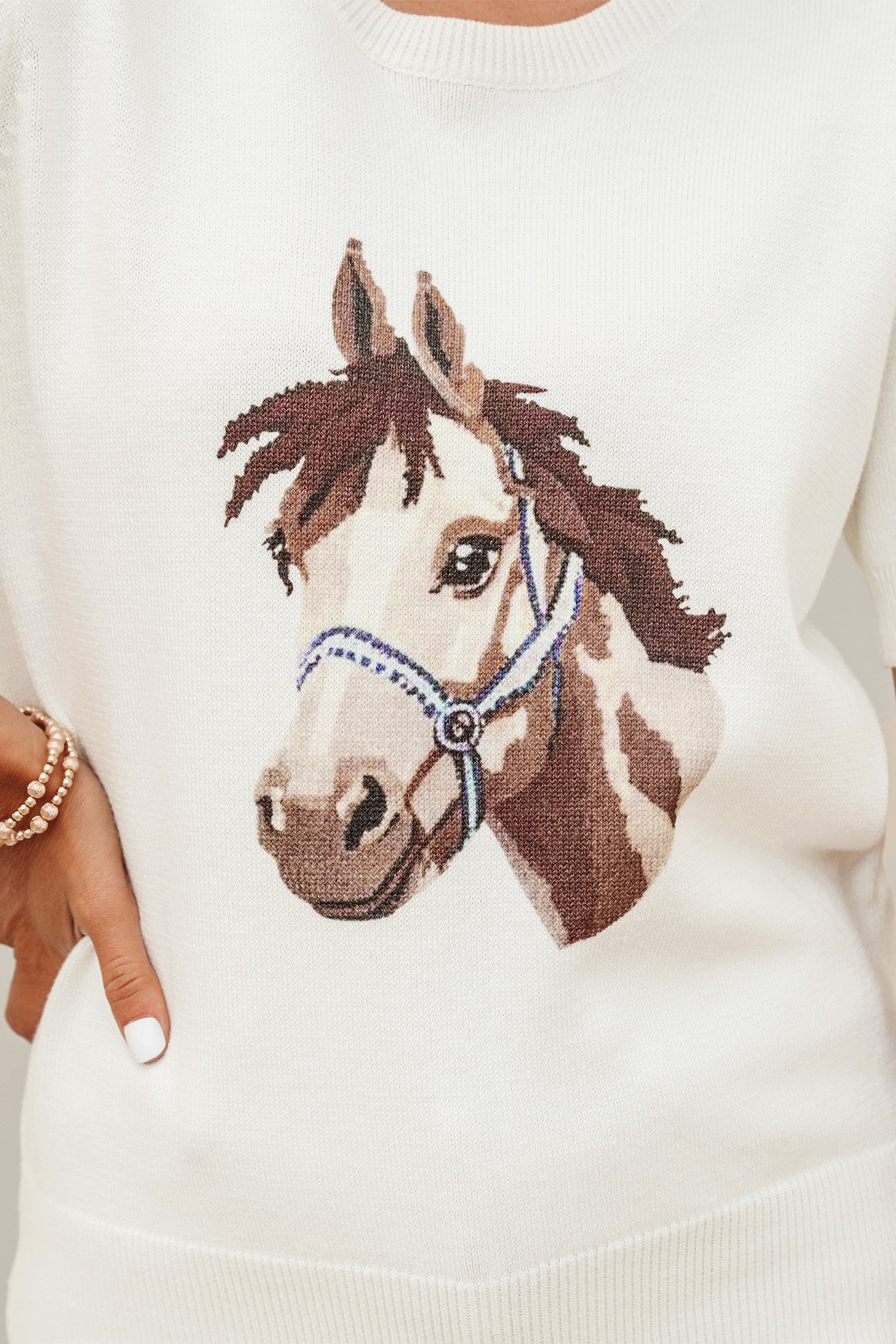 White Wild West Horse Head Printed Short Sleeve Sweater - Snoopy's Closet