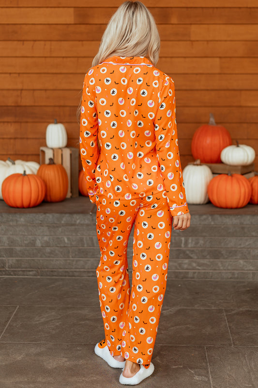Orange Halloween Print Lapel Shirt Long 2pcs Pajama Set - Snoopy's Closet
