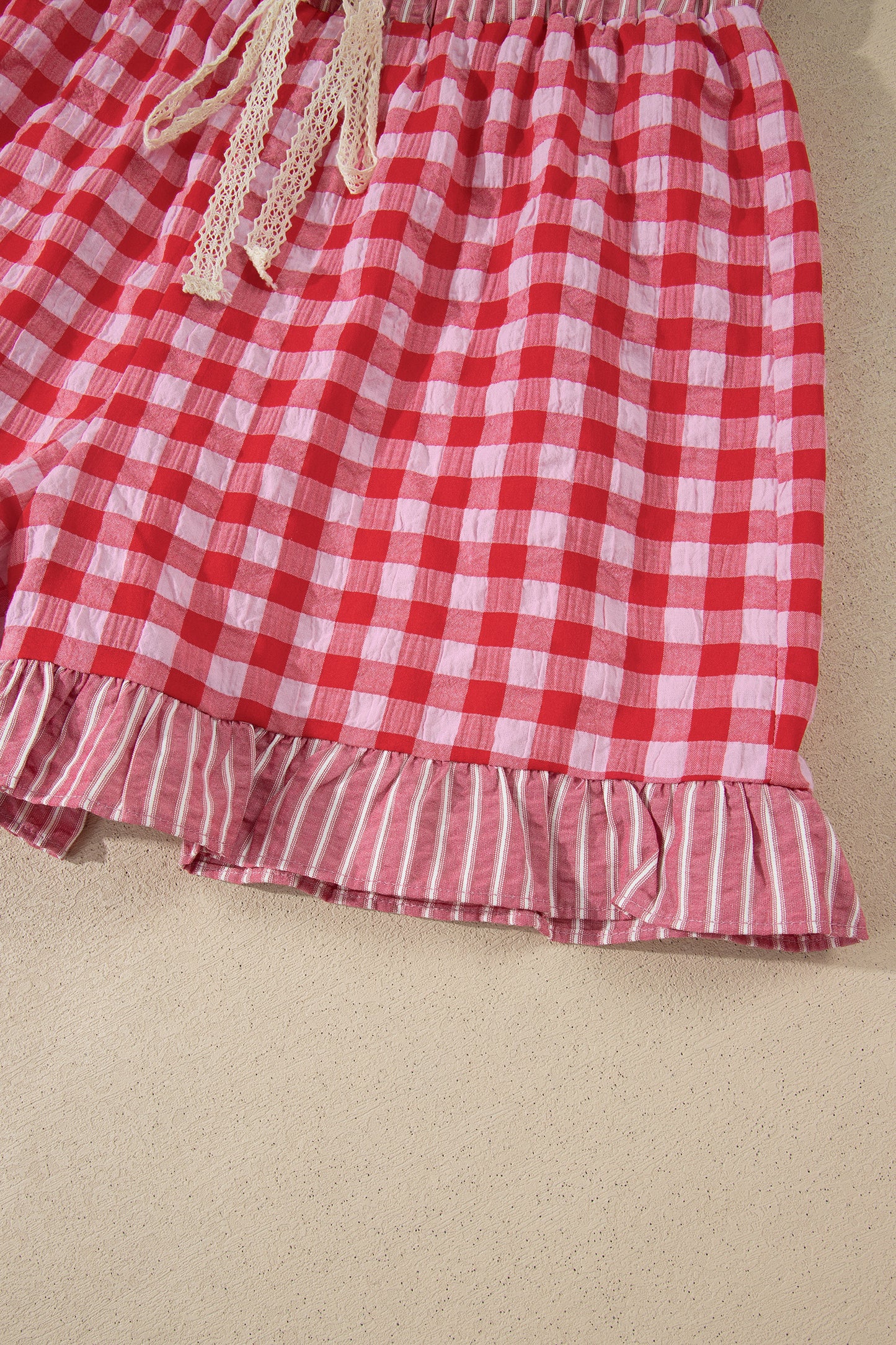 Red Gingham Print Ruffle Striped Detail Lace Tie Shorts - Snoopy's Closet