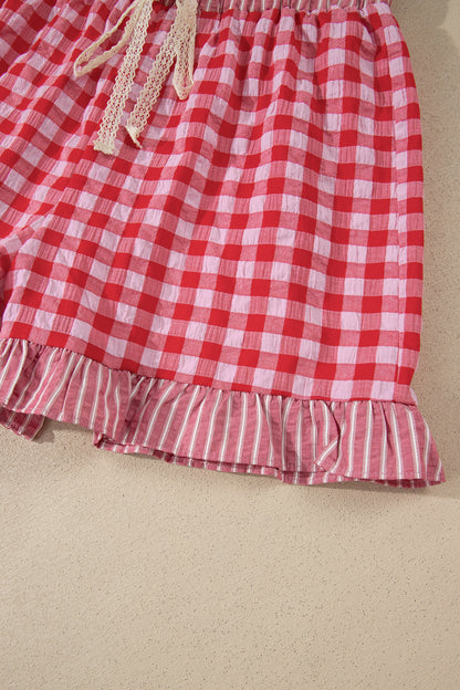 Red Gingham Print Ruffle Striped Detail Lace Tie Shorts - Snoopy's Closet