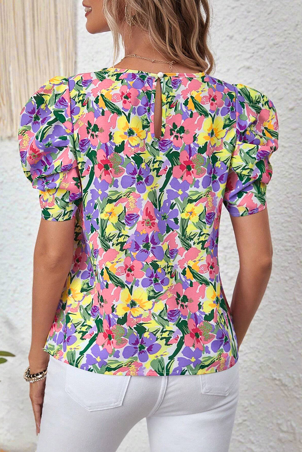 Purple Floral Print Puff Short Sleeve Crew Neck Blouse - Snoopy's Closet