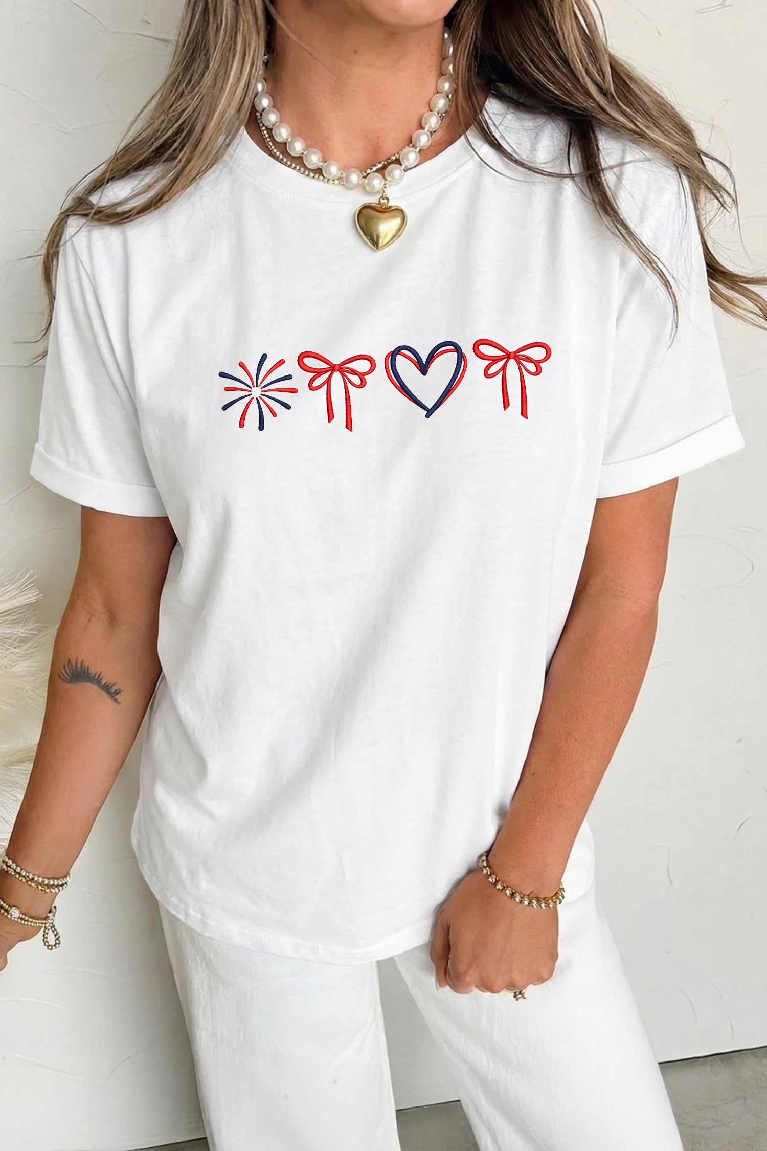 White Love July 4th Firework Bow Embroidered T Shirt