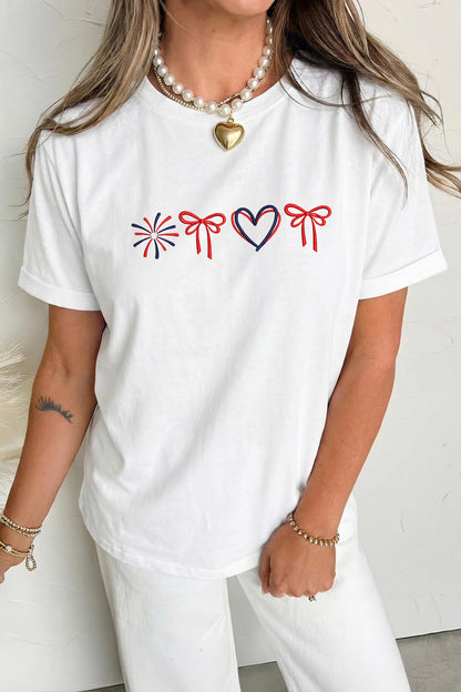 Camiseta Bordada Lazo Fuegos Artificiales 4 de Julio White Love