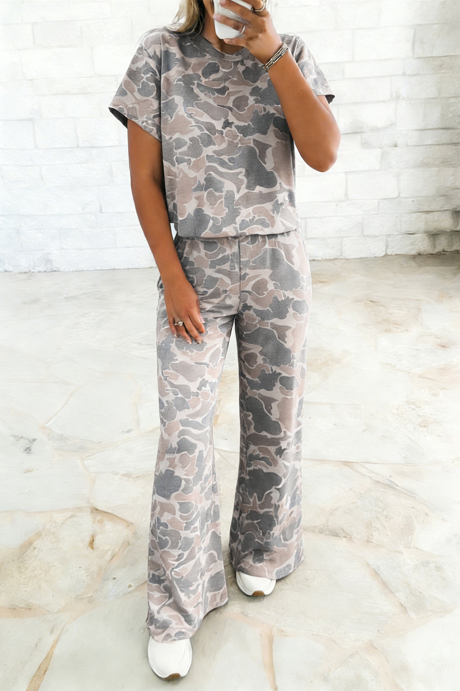 Multicolour Camouflage Short Sleeve Top and High Waist Wide Leg Pants Set