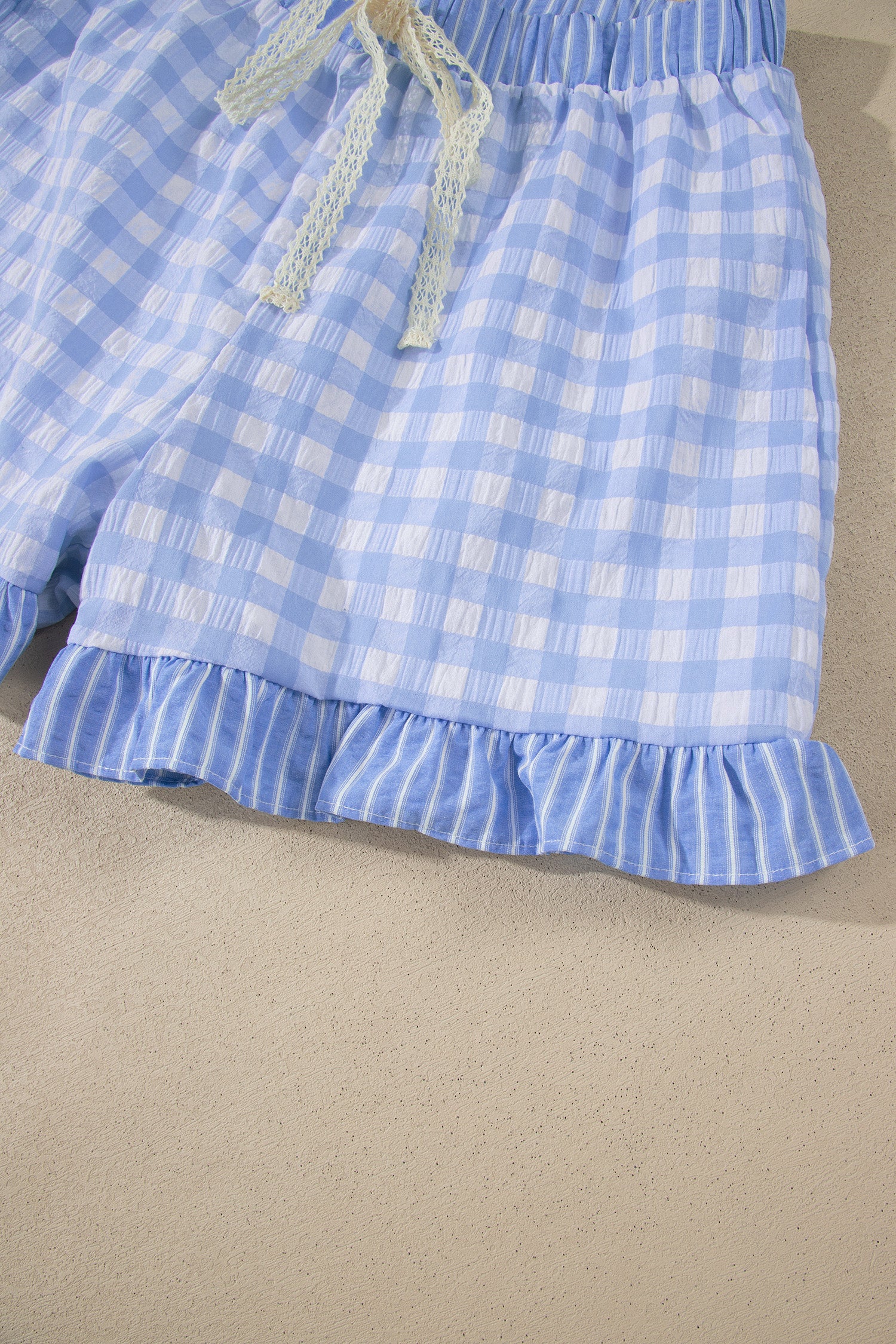 Red Gingham Print Ruffle Striped Detail Lace Tie Shorts - Snoopy's Closet