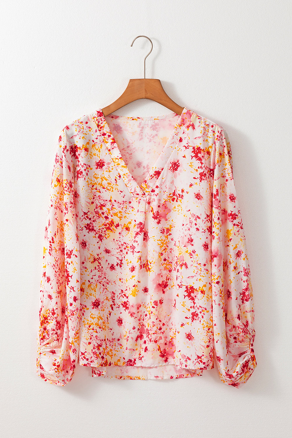 Pink Ditsy Floral Bubble Sleeve V Neck Blouse - Snoopy's Closet