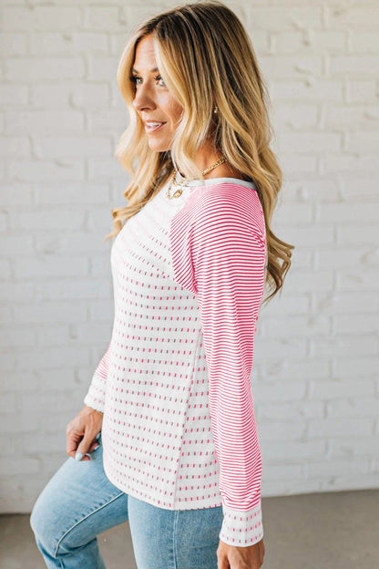 Rose Stripe Raglan Patchwork Long Sleeve Tee - Snoopy's Closet