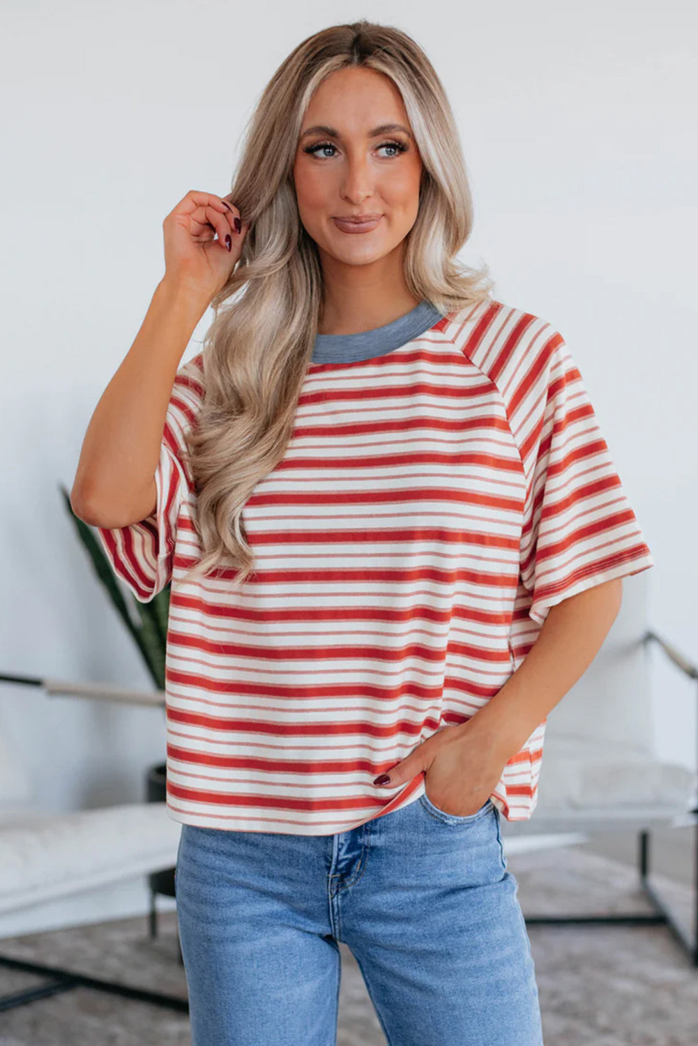 Tomato Red Stripe Print Contrast Collar Raglan Sleeve T Shirt - Snoopy's Closet