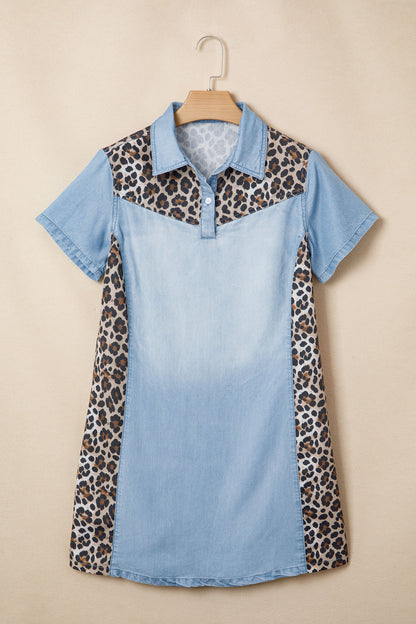 Minivestido con cuello de camisa Myosotis Denim con bloques de color y retales de leopardo