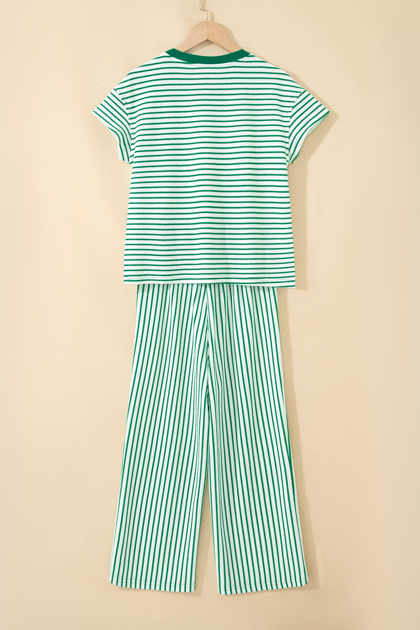 Sky Blue Stripe Crew Neck Tee Drawstring Waist Cropped Pants Set - Snoopy's Closet