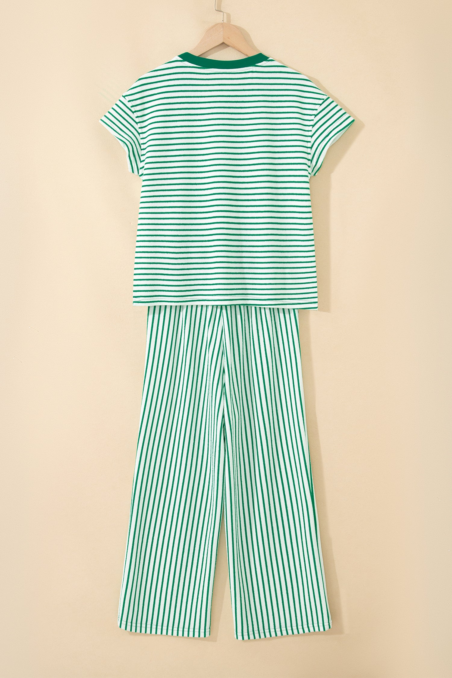 Sky Blue Stripe Crew Neck Tee Drawstring Waist Cropped Pants Set - Snoopy's Closet