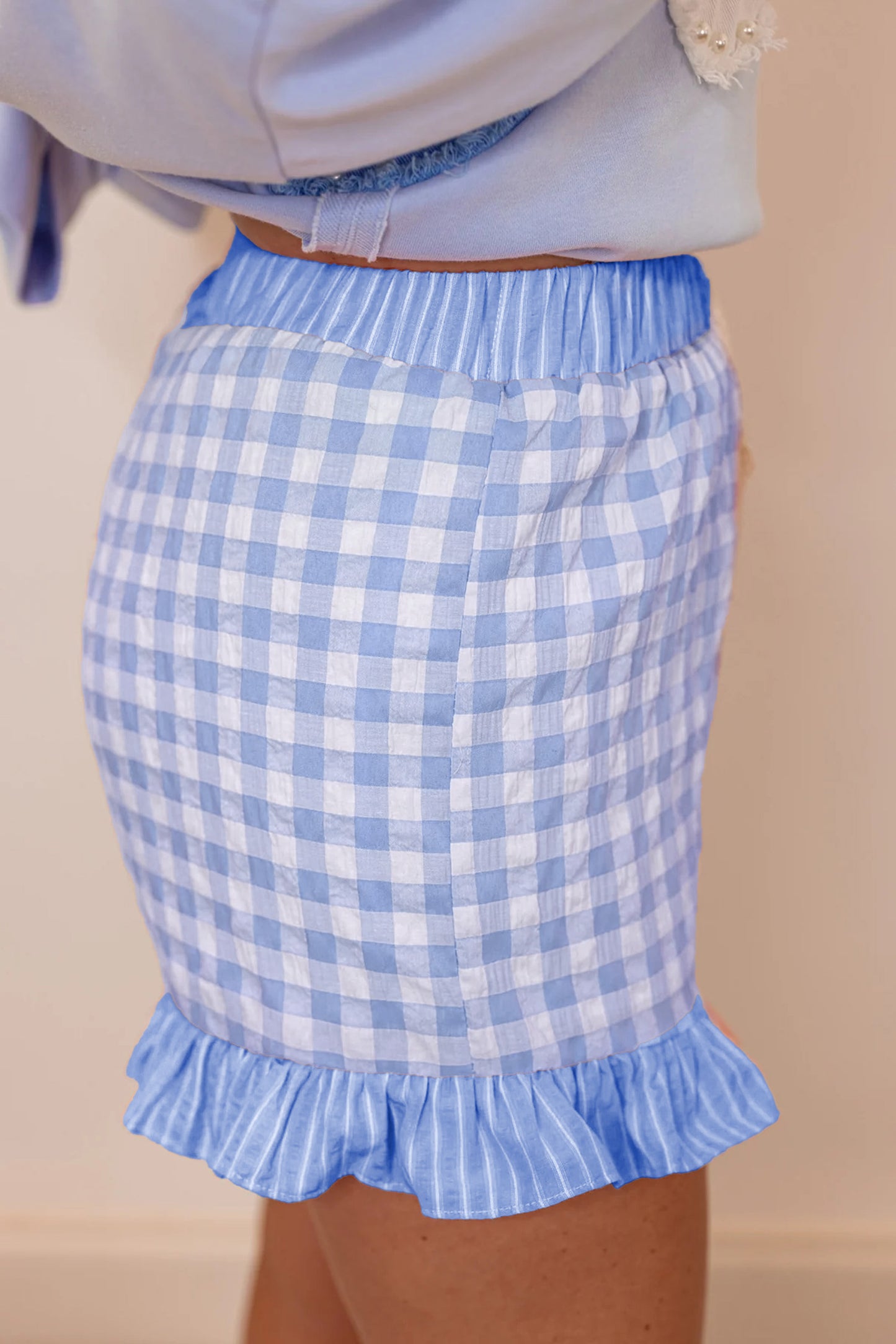 Red Gingham Print Ruffle Striped Detail Lace Tie Shorts - Snoopy's Closet
