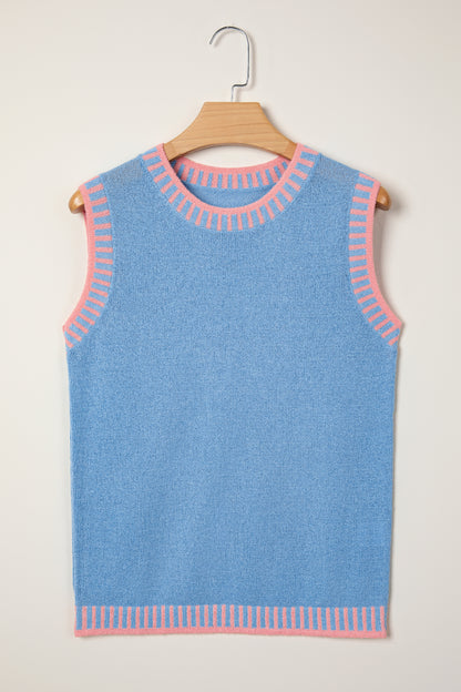 Sky Blue Contrast Trim Round Neck Sleeveless Sweater - Snoopy's Closet