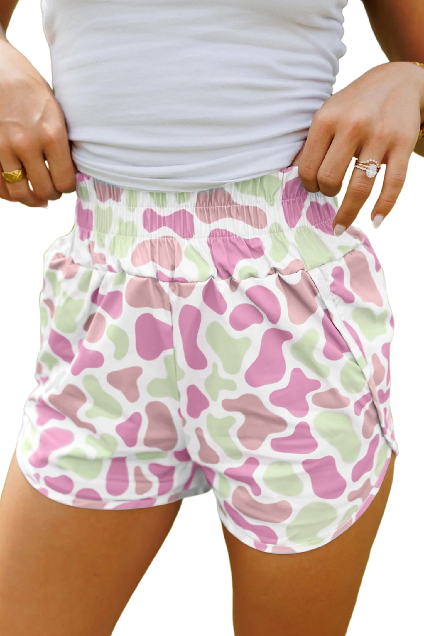 Green Camouflage Print Shirred High Waist Athleisure Shorts - Snoopy's Closet