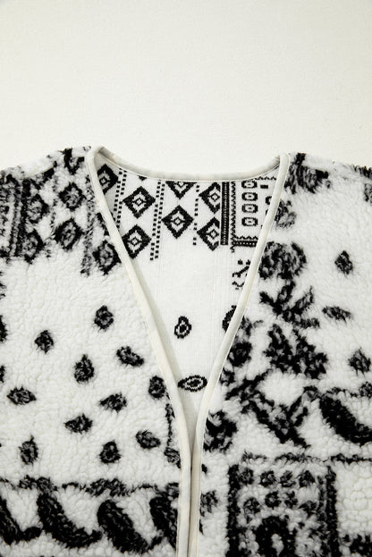 Beige Sherpa Paisley Print Pocketed Western Fashion Vest Jacket