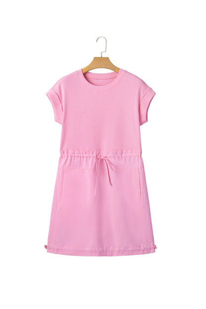 Minivestido con cordón, cuello redondo, manga corta con puño y retazos de telas mixtas Bonbon