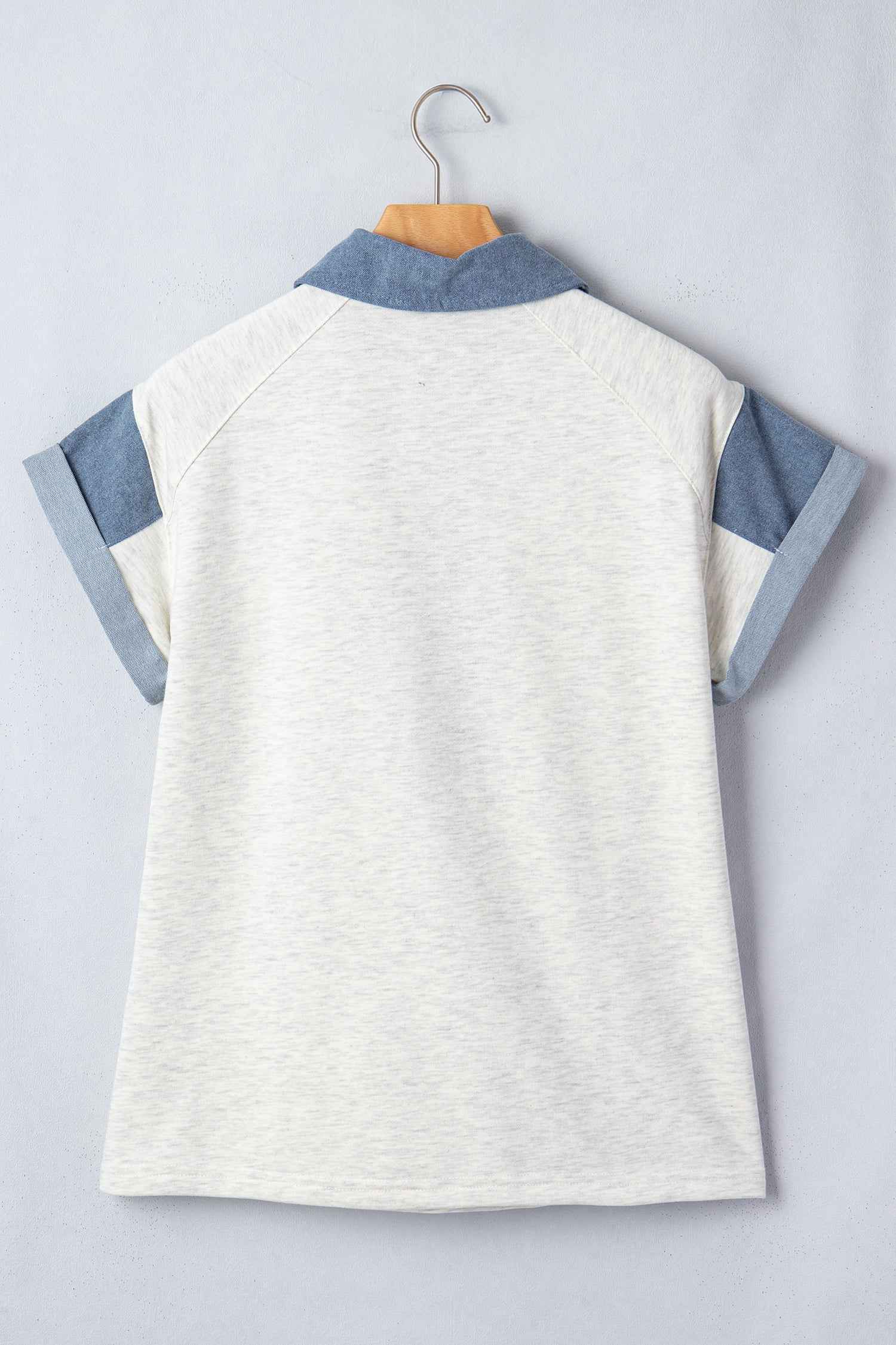 Carbon Grey Denim Color Block Patchwork Shirt Collar Short Sleeve Blouse