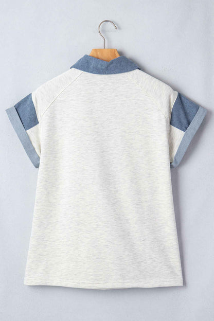 Carbon Grey Denim Color Block Patchwork Shirt Collar Short Sleeve Blouse