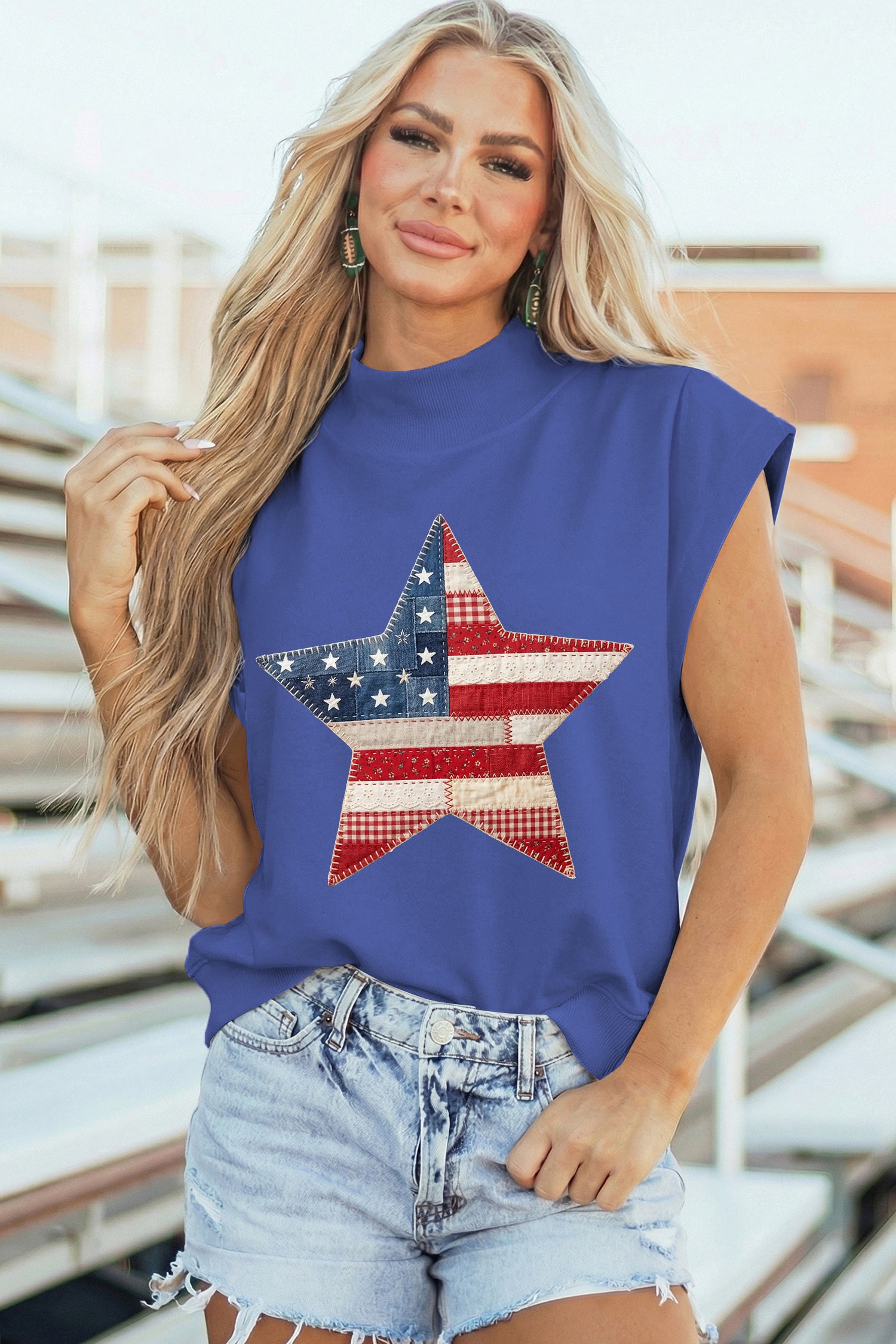 Sky Blue Faux Patchwork Patriotic Star Printed High Neck Top