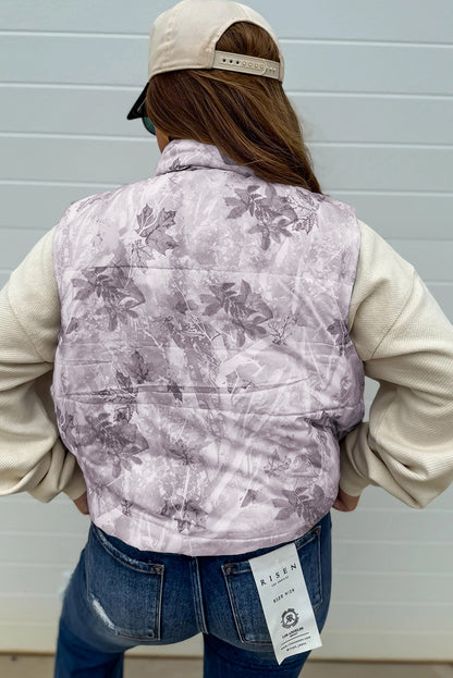 Chaleco acolchado de invierno con estampado de hojas de camuflaje gris