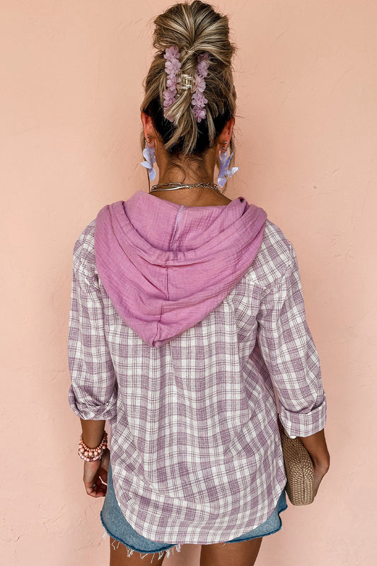 Chaqueta con capucha y botones holgada con estampado de cuadros rosas