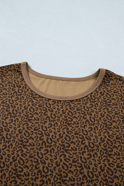 Khaki Plus Size Leopard Print Ribbed Trim Round Neck Tee
