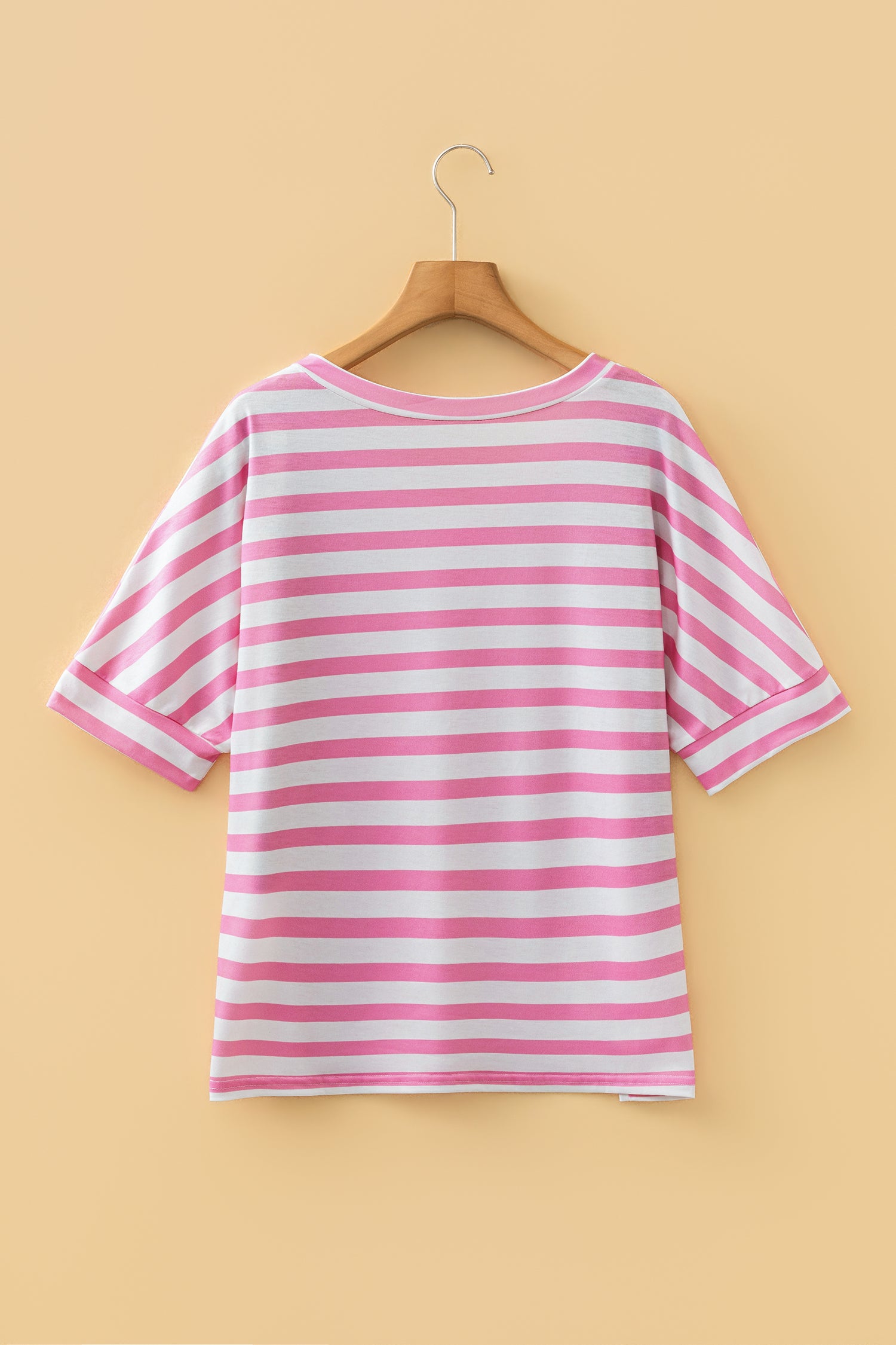 Pink Stripe V Neck Patched Pocket Casual T Shirt - Snoopy's Closet