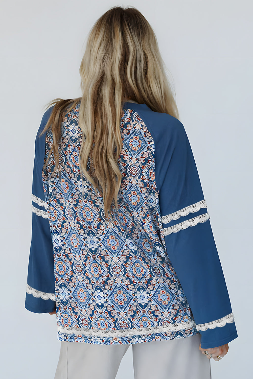 Blue Geometric Printed Lace Patchwork Ric Rac Raglan Long Sleeve Top - Snoopy's Closet