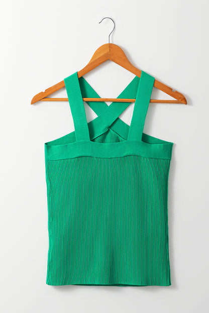 Dark Green Ribbed Criss Cross Halter Neck Sheath Sweater Tank Top - Snoopy's Closet