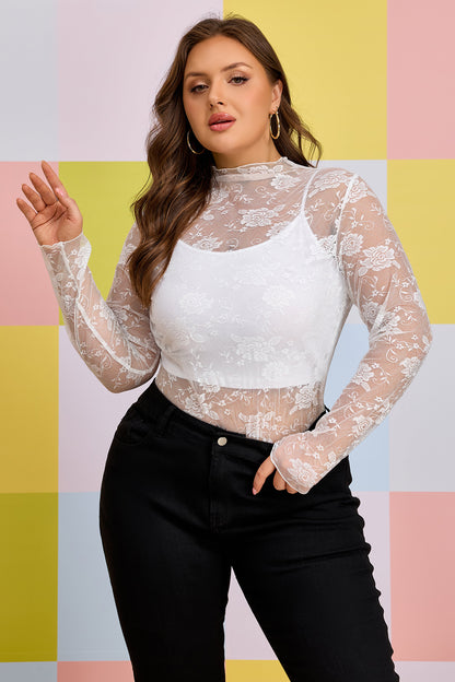 White Plus Size Floral Mesh Long Sleeve Top - Snoopy's Closet
