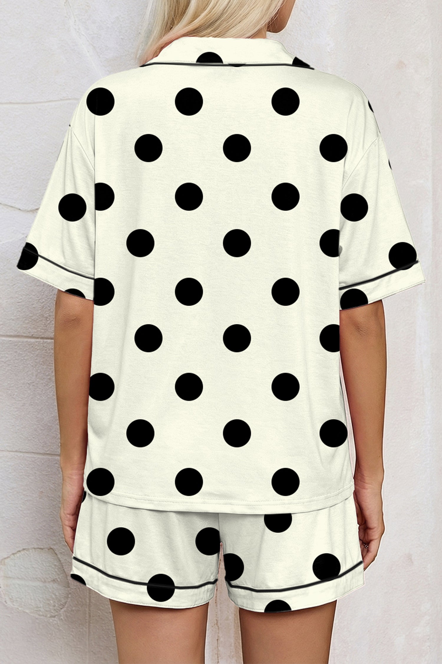 Beige Polka Dot/ Camouflage Print Lapel Shirt Drawstring 2pcs Short Pajama Set