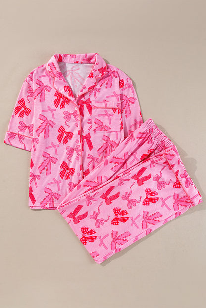 Conjunto de pijama de lazo rosa con estampado de solapa, manga corta y pantalón