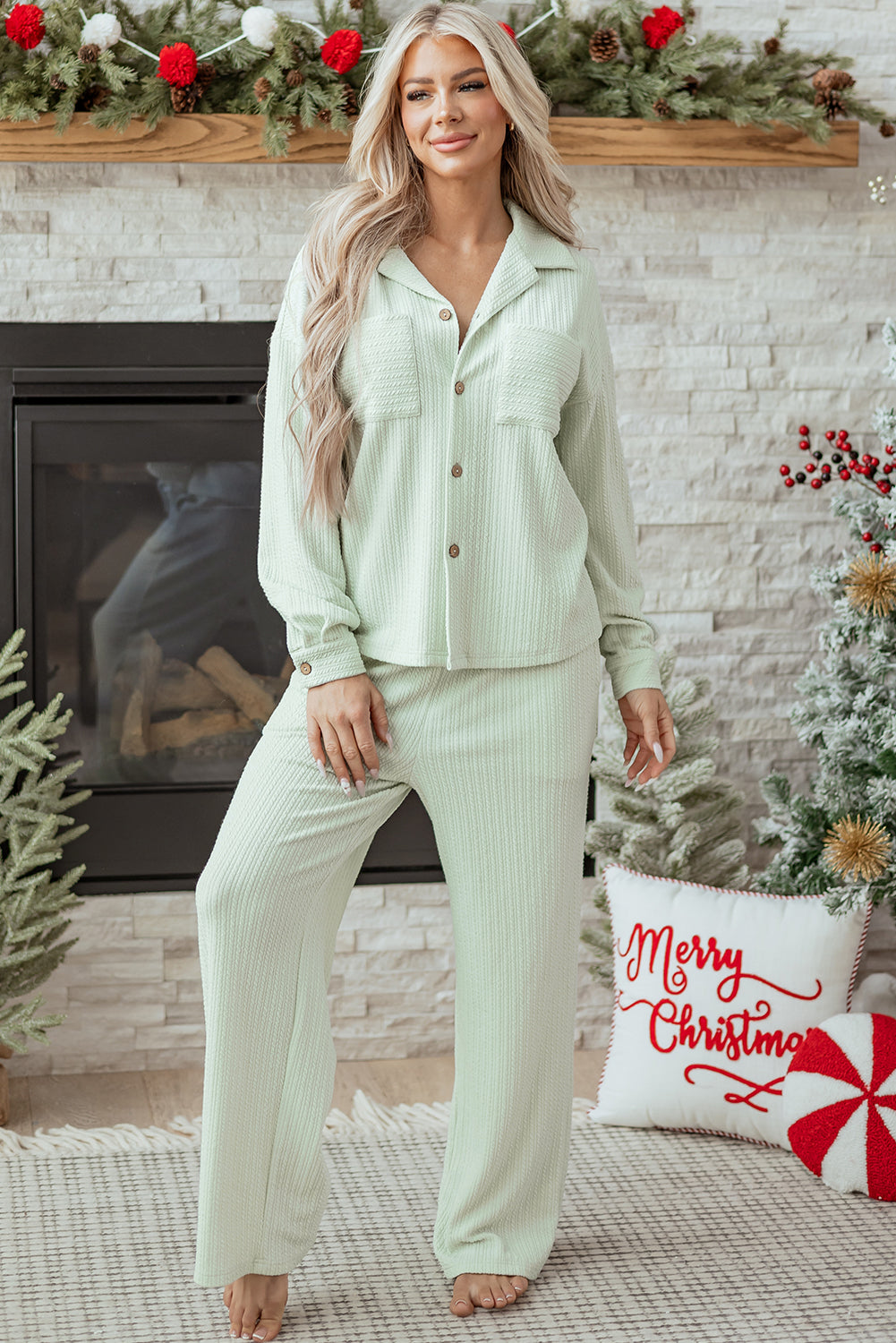 Clearly Aqua Textured Patched Chest Pocket Shirt and Pants Set - Snoopy's Closet