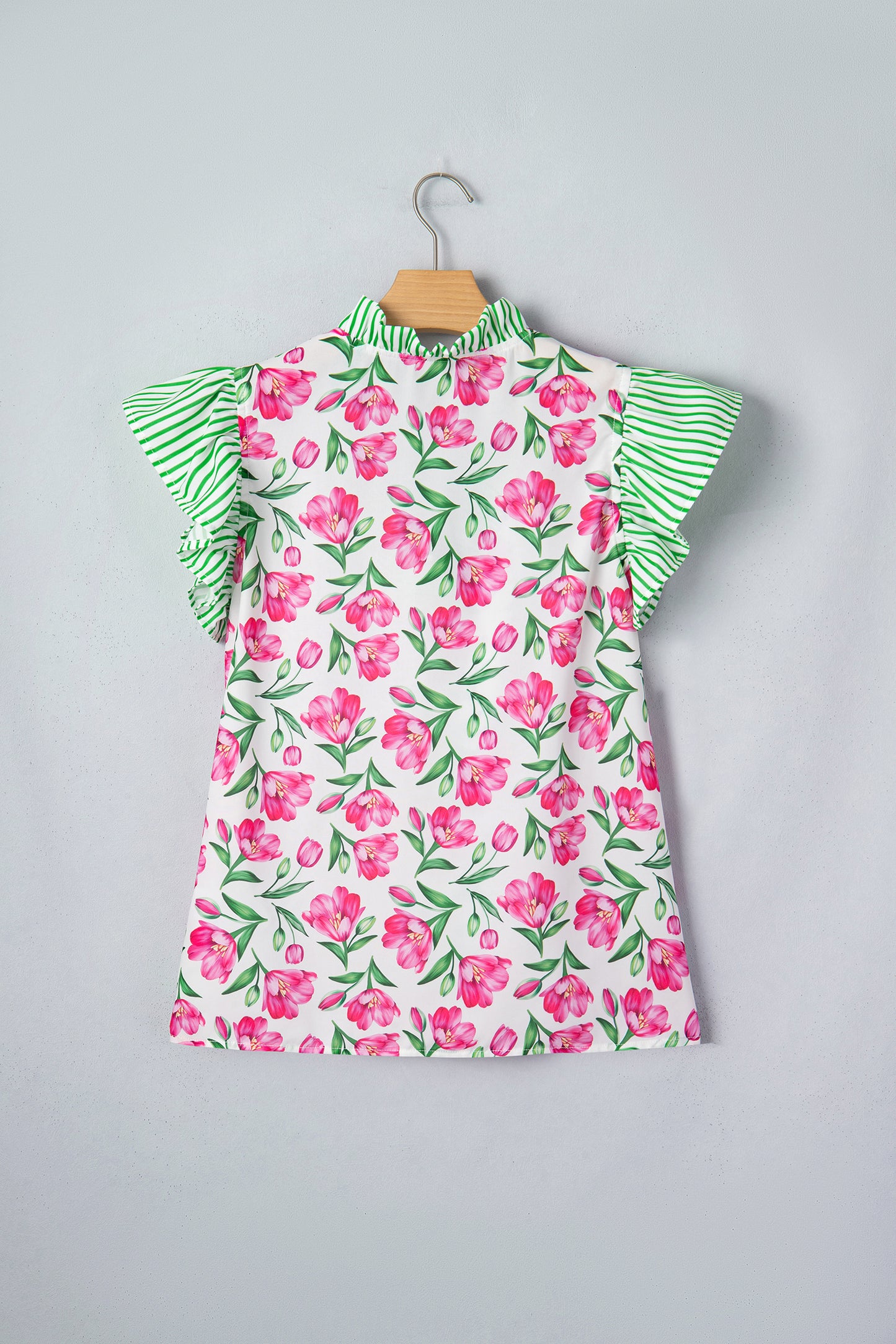 Multicolour Sweet Floral Print Striped Ruffle Trim V Neck Blouse