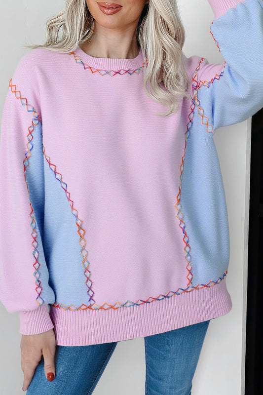 Orchid Bouquet Rainbow Stitching Balloon Sleeve Relaxed Sweater - Snoopy's Closet