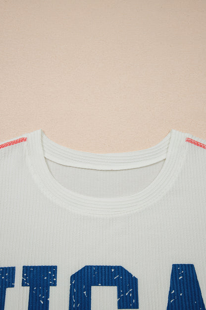 White Plus Size Twisted Rib Vintage USA Letter Printed T Shirt