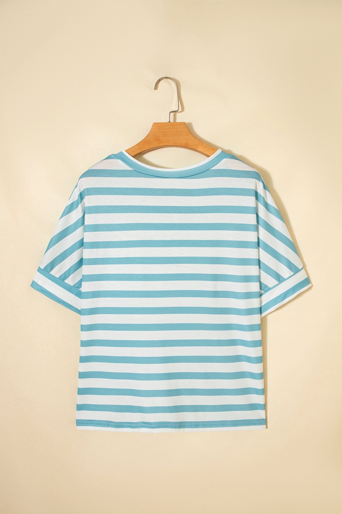 Sky Blue Stripe V Neck Patched Pocket Casual T Shirt - Snoopy's Closet