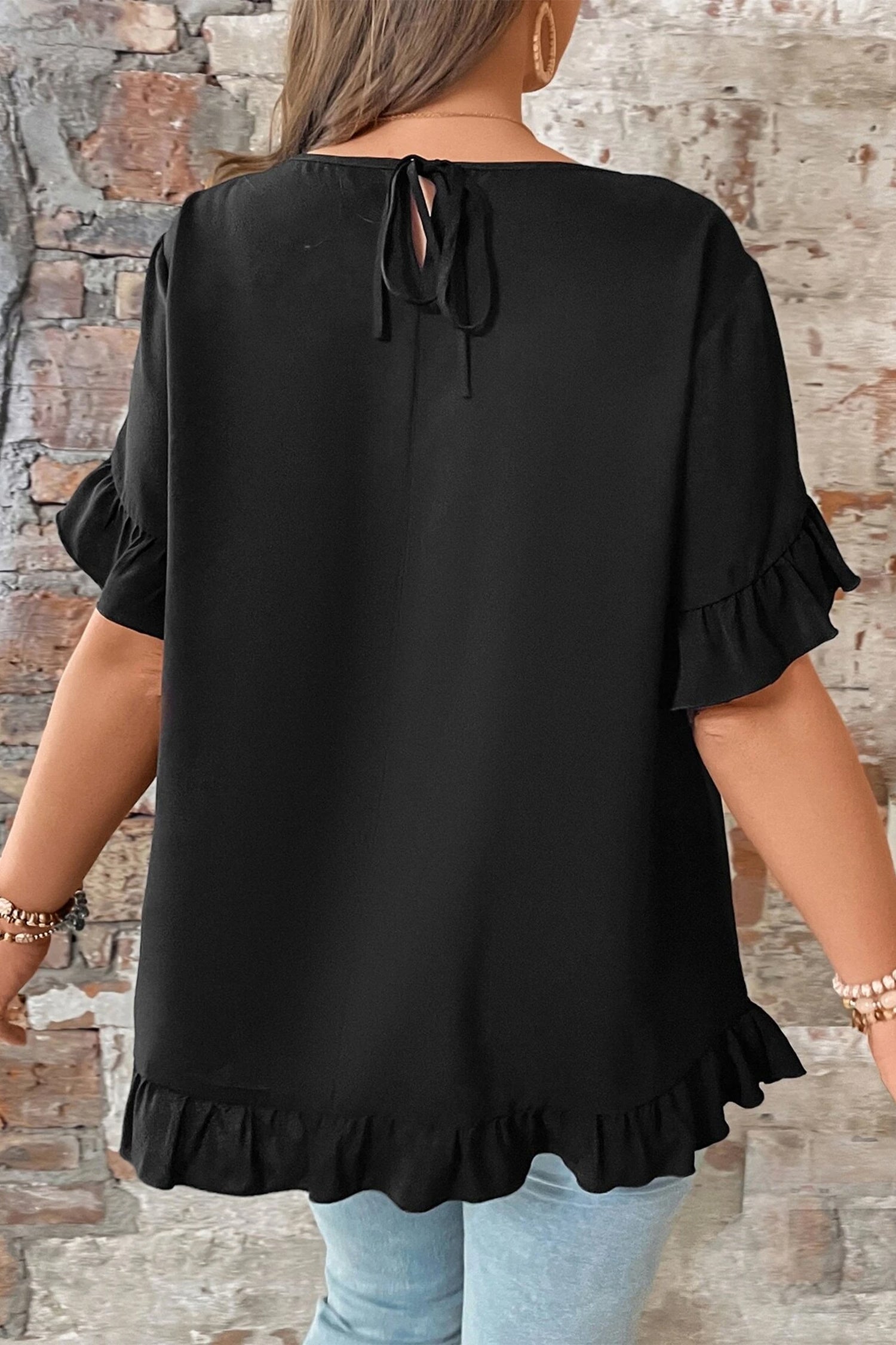 Black Solid Color Ruffle Trim Petal Sleeve Plus Size Tee - Snoopy's Closet