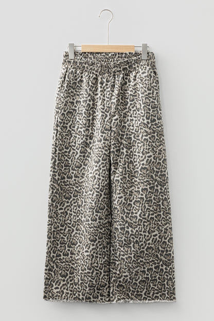 Pantalones Vaqueros Estampado Leopardo Marrón con Bajo Deshilachado y Cintura Elástica Sueltos