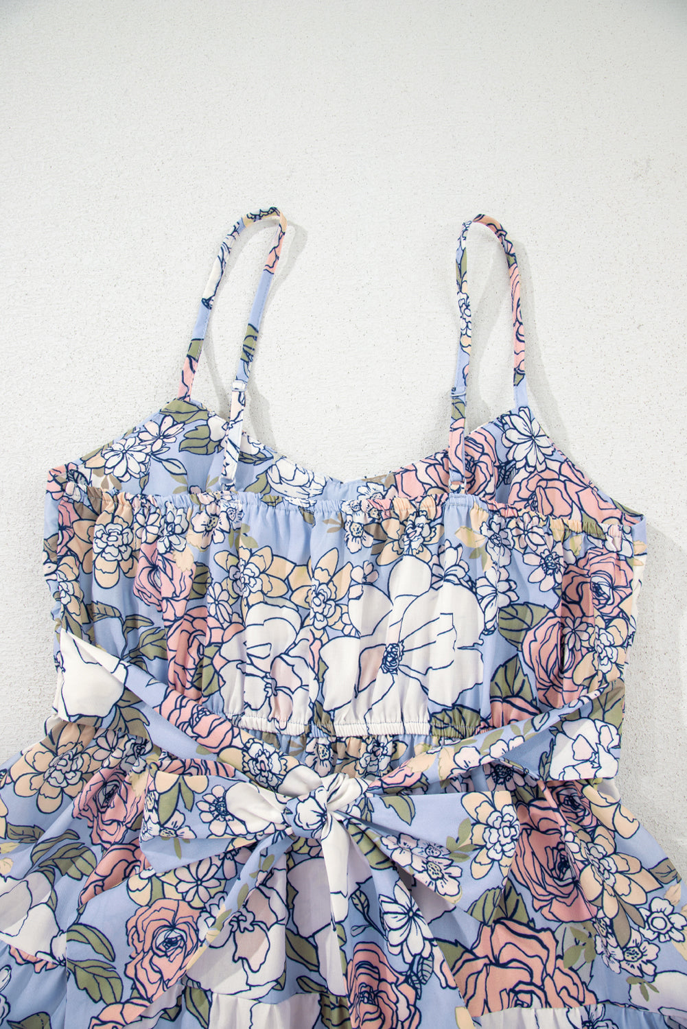 Sky Blue Floral Tiered Patchwork Spaghetti Strap Vacation Dress - Snoopy's Closet