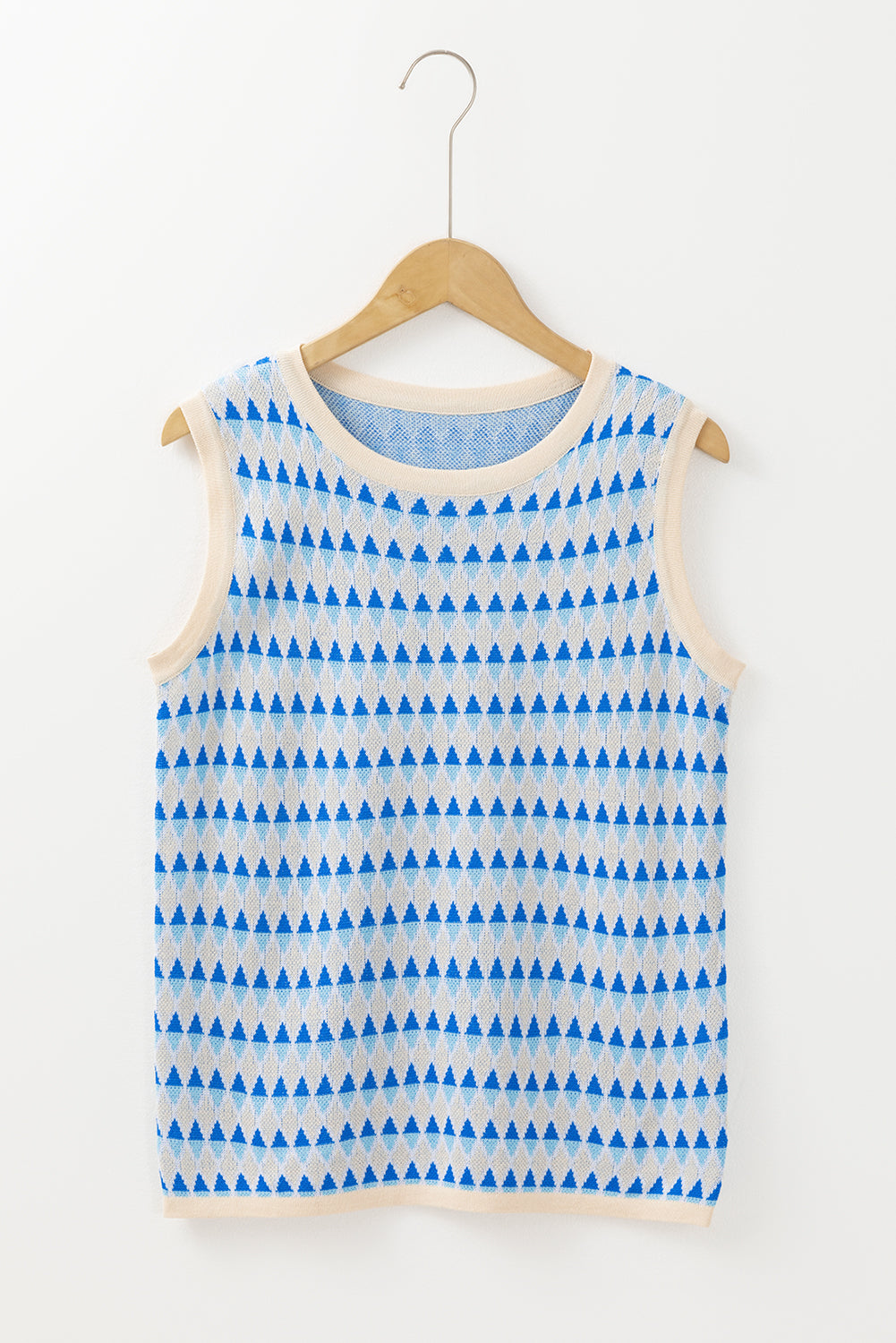 Sky Blue Stripe Geometric Print Round Neck Slim Fit Sweater Vest - Snoopy's Closet