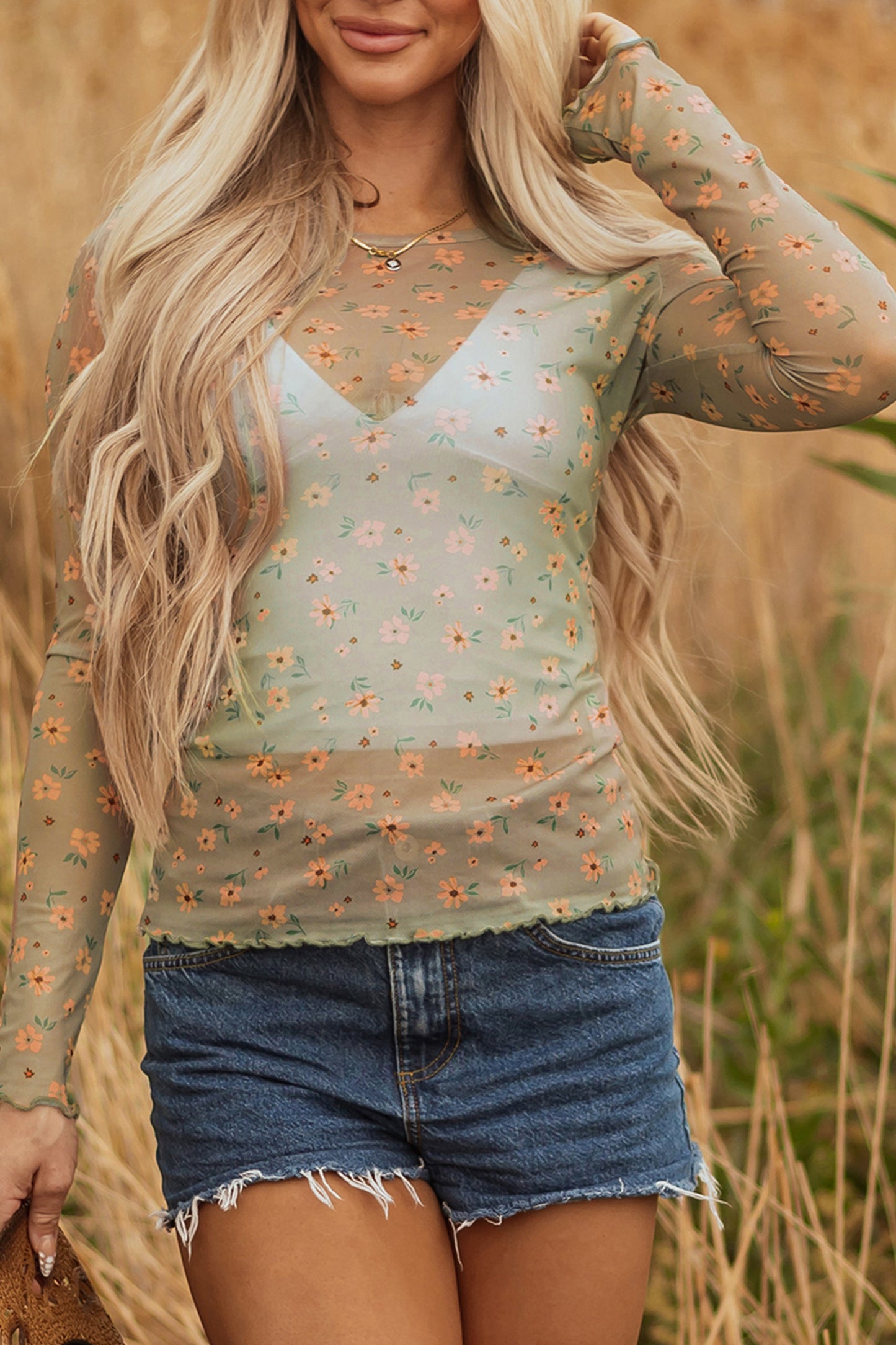 Top de malla de manga larga con estampado floral vintage verde laurel estilo sureño