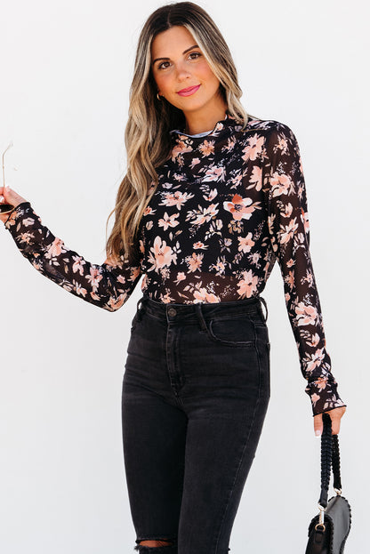 Black Floral Mesh Mock Neck Long Sleeve Slim Fit Top - Snoopy's Closet