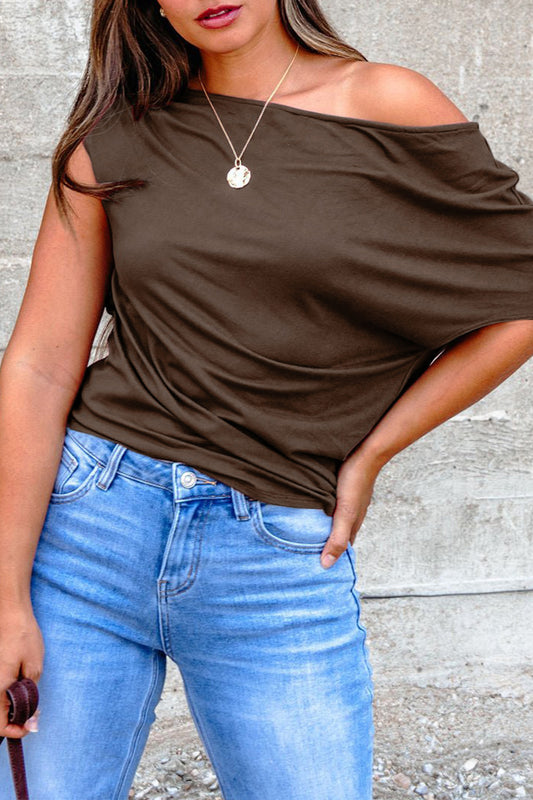 Coffee Plus Size Solid Color Asymmetric Neck Short Sleeve Blouse - Snoopy's Closet