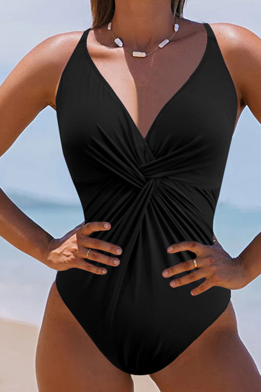 Black V Neck Twist Ruched Crisscross Backless One-Piece Swimsuit - Snoopy's Closet