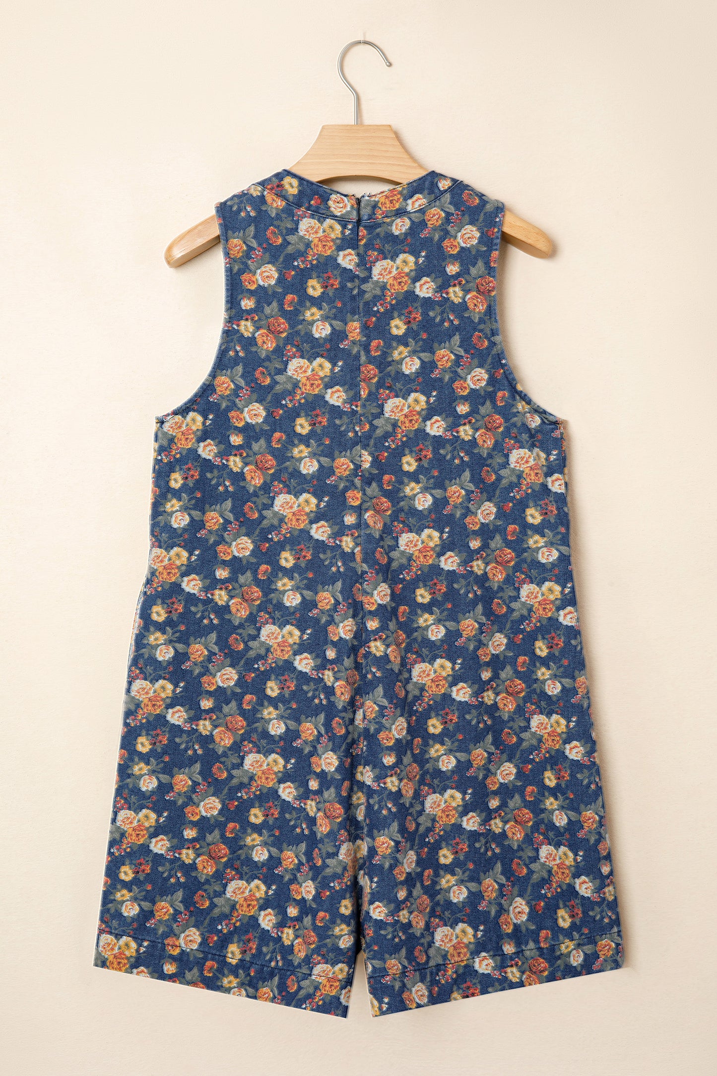 Mameluco Vaquero Holgado sin Mangas con Cuello en V, Estampado Floral Retro Azul y Lazo Plisado